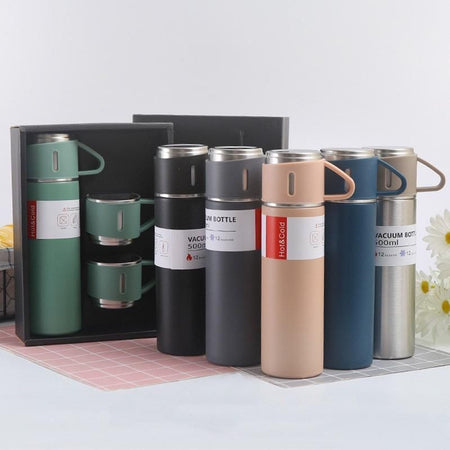 Set Thermos In Acciaio Infrangibile A Doppia Parete Da 500 Ml Con 2 Tazze Termiche Regalo