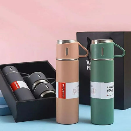 Set Thermos In Acciaio Infrangibile A Doppia Parete Da 500 Ml Con 2 Tazze Termiche Regalo
