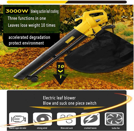 Aspiratore Per Foglie Da 3000w Elettrico 3 In 1 Soffiatore Con Sacco Raccolta Da 35 Litri