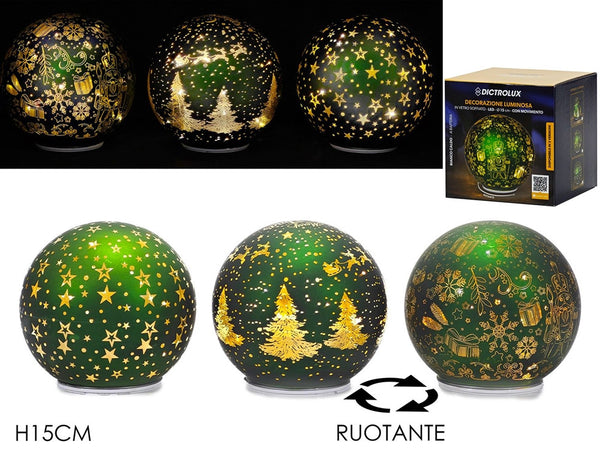 Decorazione Natalizia Luminosa A Led Bianco Caldo In Vetro Soffiato Verde H15cm Rotante
