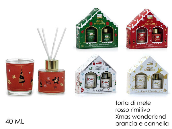 Set Diffusore Fragranza Per Ambiente Natalizio 40 Ml Con 4 Bastoncini Candela Profumata