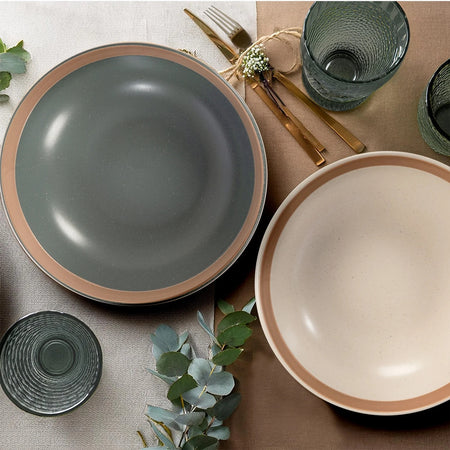 Set Servizio Di Piatti In Stoneware 18 Pz Da Tavola Design Classico Elegante Con Bordo