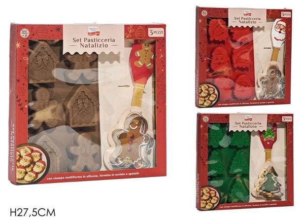 Set Per Pasticceria Natalizio 3pz Stampo Multiforme In Silicone Formina In Acciaio Spatola
