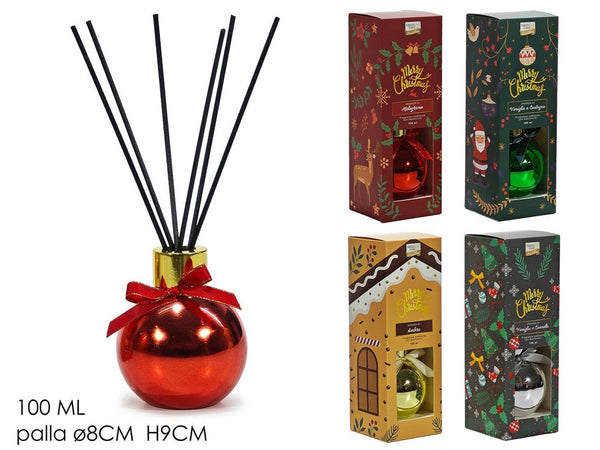 Diffusore Fragranza Per Ambienti Natalizia 100ml A Forma Di Palla Con Bastoncini 4 Colori