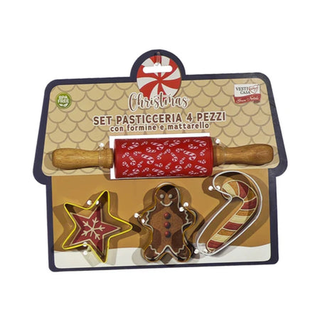 Set 4 Pezzi Pasticceria Con Formine Tema Natalizie Per Dolci + Matterello In Silicone