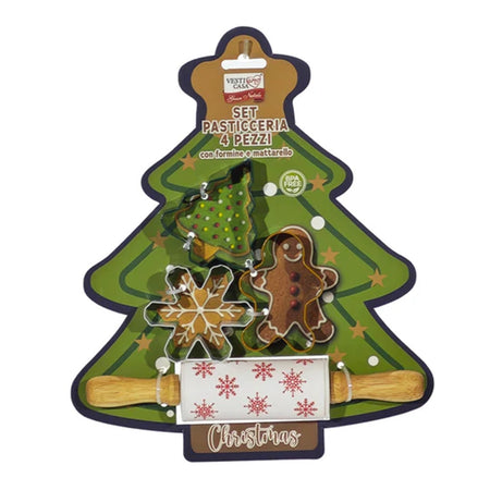 Set 4 Pezzi Pasticceria Con Formine Tema Natalizie Per Dolci + Matterello In Silicone