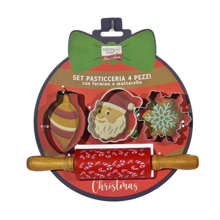 Set 4 Pezzi Pasticceria Con Formine Tema Natalizie Per Dolci + Matterello In Silicone