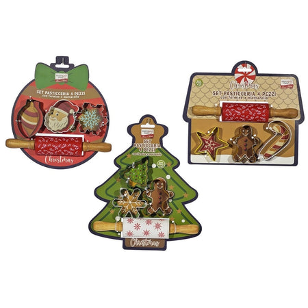 Set 4 Pezzi Pasticceria Con Formine Tema Natalizie Per Dolci + Matterello In Silicone