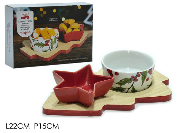 Antipastiera 2 Posti Con Ciotole In Ceramica Base In Bambù Albero Di Natale Idea Regalo