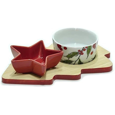 Antipastiera 2 Posti Con Ciotole In Ceramica Base In Bambù Albero Di Natale Idea Regalo