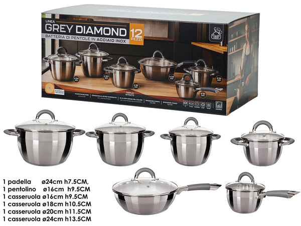 Set Batteria Di Pentole A Induzione 12pz In Acciaio Inox Manici In Silicone Antiscivolo