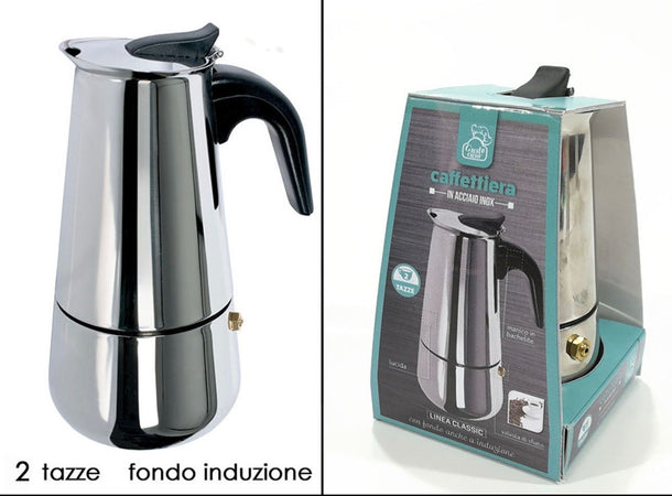 Caffettiera Moka In Acciaio Inox Lucido Con Manico In Bachelite Da 2 Tazze Fondo Induzione