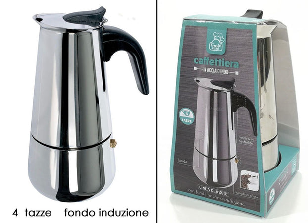 Caffettiera Moka In Acciaio Inox Lucido Con Manico In Bachelite Da 4 Tazze Fondo Induzione