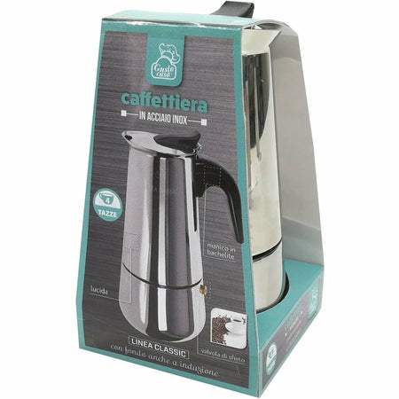 Caffettiera Moka In Acciaio Inox Lucido Con Manico In Bachelite Da 4 Tazze Fondo Induzione