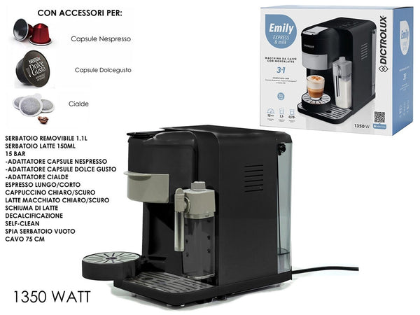Macchina Da Caffè Con Montalatte 3 In 1 1350w Multifunzione Adattatori Per Capsule Cialde