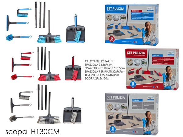 Set Pulizia Casa 6 Pz Con Paletta Spazzola Spazzolone Spazzolina Piatti Tergivetro Scopa