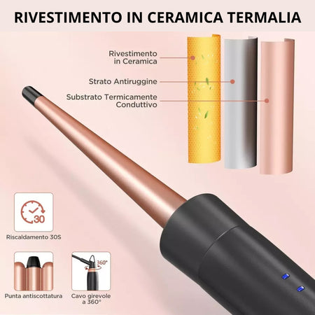 Set 5in1 Piastra Capelli 3 Coni Arricciacapelli Lisci Onde Ceramica Riscaldamento Rapido