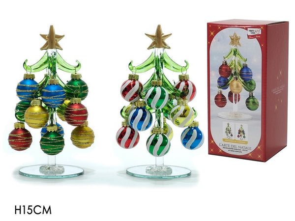 Decorazione Natalizia Albero Di Natale 15cm In Vetro Con Palline Per Addobbi Casa Vetrine