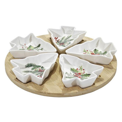 Antipastiera Con Vassoio Base In Bambù 5 Ciotole In Stoneware A Forma Di Albero Di Natale
