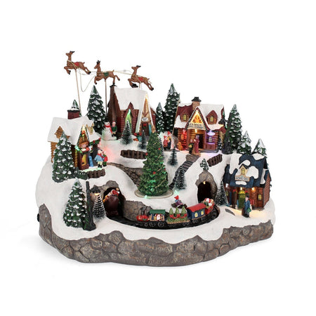 Paesaggio di natale "Denver" con treno e renne in poliresina con luci Led per villaggi natalizi