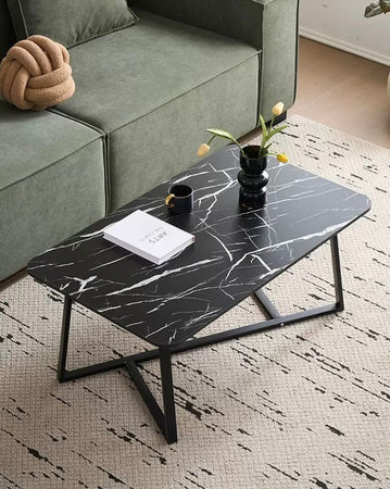 Tavolino Rettangolare Basso Con Piano Effetto Marmo Gambe Incrociate Per Soggiorno Salotto