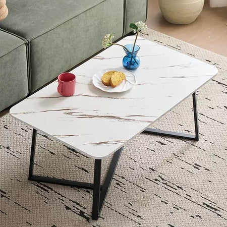 Tavolino Rettangolare Basso Con Piano Effetto Marmo Gambe Incrociate Per Soggiorno Salotto