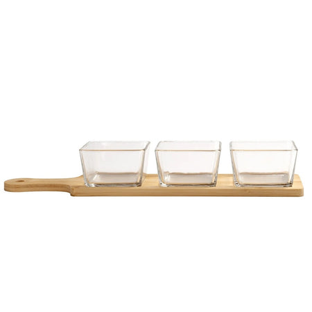 Antipastiera Con 3 Ciotole In Vetro Vassoio Base In Bamboo 40x10cm Per Salse Finger Food