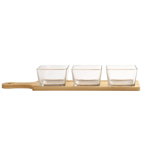 Antipastiera Con 3 Ciotole In Vetro Vassoio Base In Bamboo 40x10cm Per Salse Finger Food
