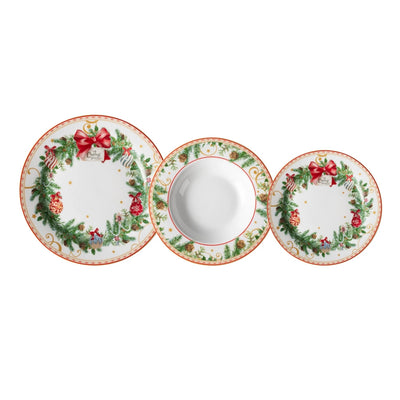 Servizio Di Piatti In Porcellana 18pz Decoro Natalizio Ghirlande Agrifoglio Fiocchi Rossi
