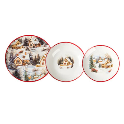 Servizio Piatti Tavola Natalizio In Porcellana 18pz Decoro Paesaggio Invernale Bordo Rosso