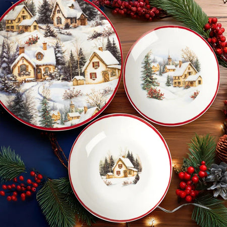 Servizio Piatti Tavola Natalizio In Porcellana 18pz Decoro Paesaggio Invernale Bordo Rosso