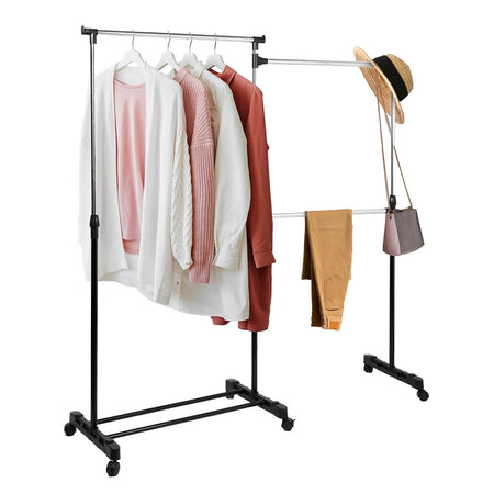 Appendiabiti Estensibile Regolabile In Acciaio Con Ruote Pivotanti Ripiano Poggiascarpe