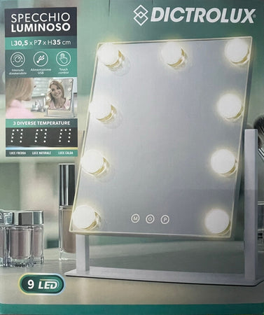 Specchio Luminoso 9 Led Touch Dimmerabile Usb Design Stile Hollywood 3 Temperature Di Luce