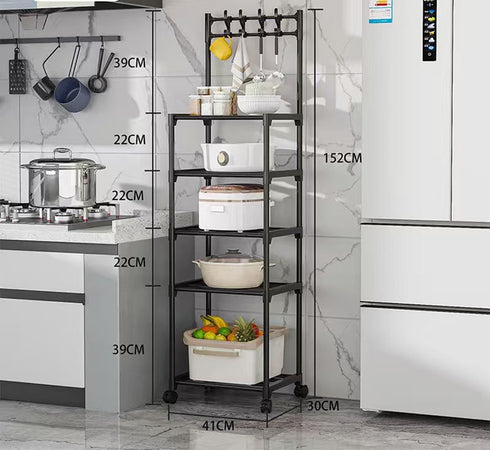 Carrello Portaoggetti A 5 Ripiani Scaffale Multiuso Con Ruote Ganci Per Cucina Bagno Nero
