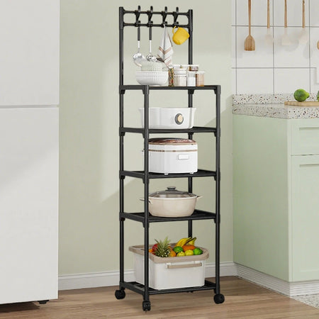 Carrello Portaoggetti A 5 Ripiani Scaffale Multiuso Con Ruote Ganci Per Cucina Bagno Nero