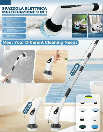 Spazzola Rotante Elettrica Multifunzione 9in1 Ricaricabile Senza Fili Manico Estensibile