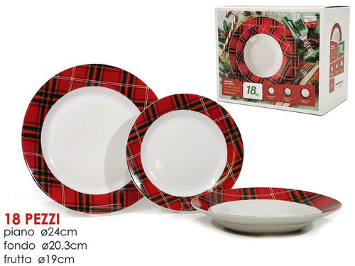 Set Servizio Di 18 Pz Piatti Con Motivo A Bordo Tartan In Porcellana Da Tavola Natalizio