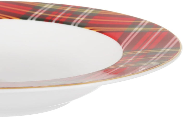 Set Servizio Di 18 Pz Piatti Con Motivo A Bordo Tartan In Porcellana Da Tavola Natalizio