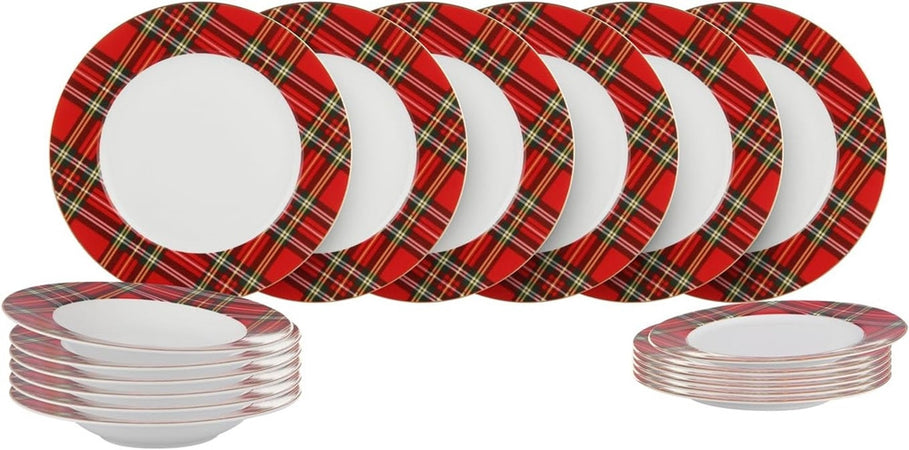 Set Servizio Di 18 Pz Piatti Con Motivo A Bordo Tartan In Porcellana Da Tavola Natalizio