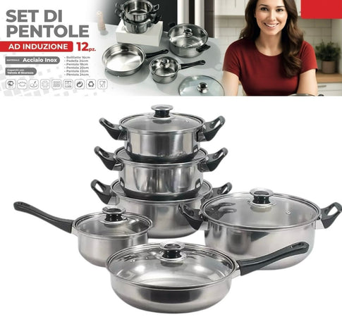 Set Batteria Di Pentole 12pz In Acciaio Inox Ad Induzione Coperchi Con Valvola Sicurezza