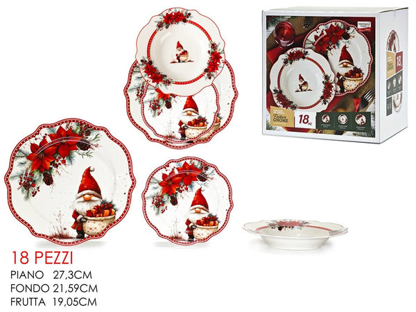 Servizio Piatti Da Tavola In Porcellana 18pz Motivo Natalizio Con Gnomi Bordi Ondulati