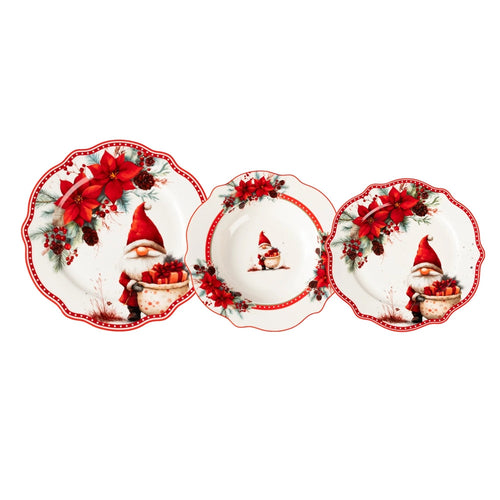 Servizio Piatti Da Tavola In Porcellana 18pz Motivo Natalizio Con Gnomi Bordi Ondulati