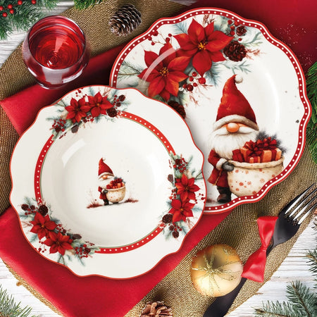 Servizio Piatti Da Tavola In Porcellana 18pz Motivo Natalizio Con Gnomi Bordi Ondulati