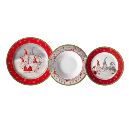 Set Servizio Di Piatti Da Tavola In Porcellana 18 Pezzi Design Con Gnomi Natalizio Festivo