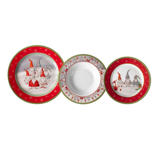 Set Servizio Di Piatti Da Tavola In Porcellana 18 Pezzi Design Con Gnomi Natalizio Festivo