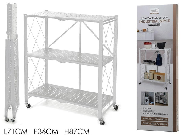 Scaffale Multiuso Libreria Pieghevole Con 3 Ripiani Ruote In Acciaio Verniciato Bianco