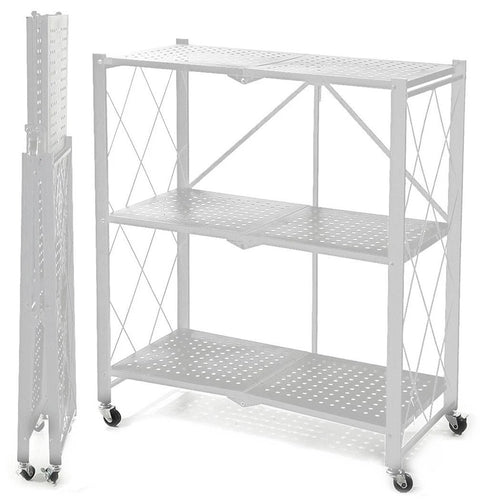 Scaffale Multiuso Libreria Pieghevole Con 3 Ripiani Ruote In Acciaio Verniciato Bianco