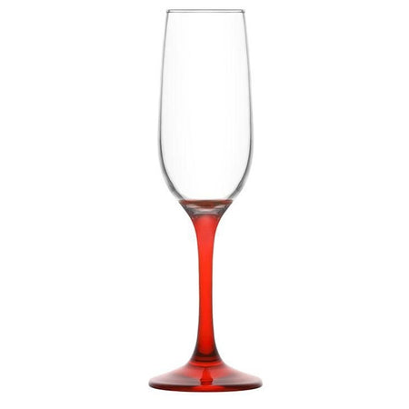 Set Da 6pz Calici Flute Per Champagne Spumante In Vetro Con Gambo Colore Rosso Da 215 Cc
