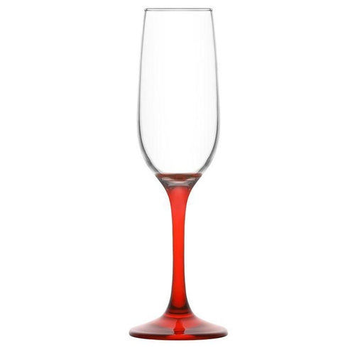 Set Da 6pz Calici Flute Per Champagne Spumante In Vetro Con Gambo Colore Rosso Da 215 Cc