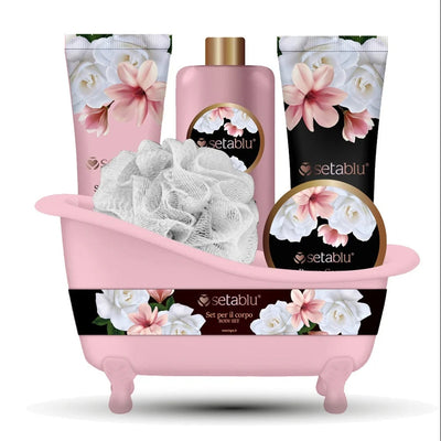 Set Regalo Donna 5pz A Forma Di Vasca Da Bagno Rosa Portaoggetti Per Cura Benessere Corpo